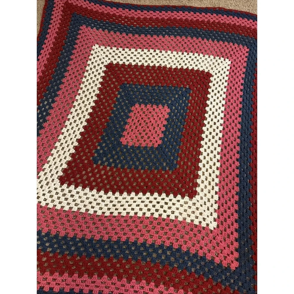 Handmade Crocheted Granny Square Pink Wine Navy Cottage Afghan Blanket 79